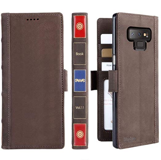 Galaxy Note 9 Leather Wallet Case - iPulse Vintage Book Series Italian Full Grain Leather Handmade Flip Case for Samsung Galaxy Note 9 with Magnetic Closure - Retro Brown
