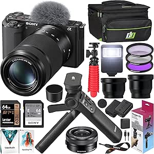 Sony ZV-E10 Mirrorless Camera 2 Lens Vlogger Kit 16-50mm   55-210mm ILCZV-E10L/B Black Bundle with ACCVC1 Including GP-VPT2BT Grip   Filters   Wide & Telephoto Lenses   Deco Gear Case & Accessories