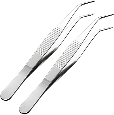 sourcingmap 2 Pcs 5.5-Inch Stainless Steel Tweezers with Curved Pointed Serrated Tip