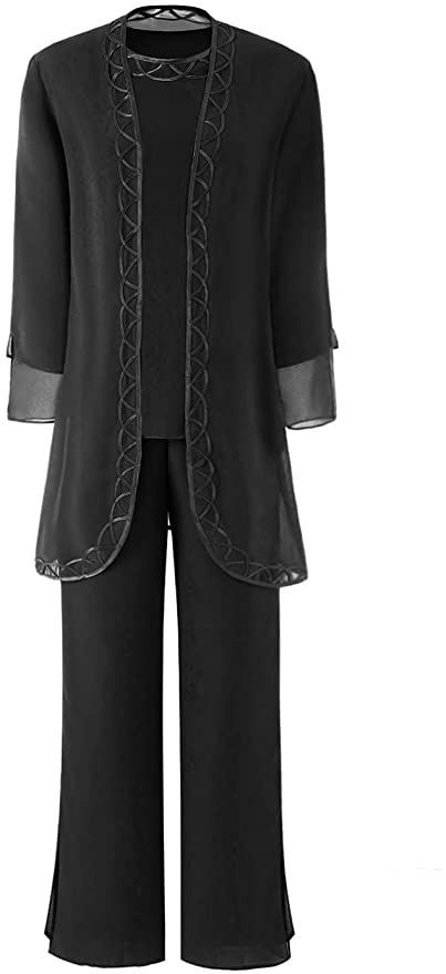 Fitty Lell Women's Chiffon Jewel Long Mother of The Bride Pant Suits with Long Sleeve Jacket Elegant
