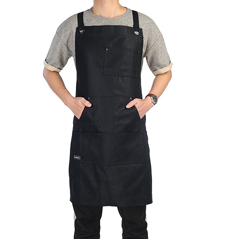 Waxed Canvas Apron, Clya Home Heavy Duty Work Apron Tool Apron with Big Pockets, Cross Back Workshop Apron Adjustable up to XXL Fits Men and Women, Perfect for Home or Workshop (Black)