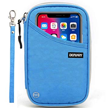 DEFWAY Passport Holder Travel Wallet - Waterproof RFID Blocking Credit Card Organizer Travel Document Bag Ticket Wallet with Strap for Men Women (Small Blue)