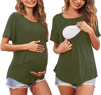 Ekouaer Women Short Sleeve Nursing Shirts Soft Maternity Tops Double Layer Breastfeeding Blouse Round Neck Pregnancy Clothes