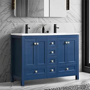 eclife 48" Bathroom Vanities Cabinet with Sink Combo Set, Undermount Double Resin Sink w/Thickened Wood, Matte Black Faucet, Painted Surface, Navy Blue