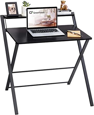 GreenForest Folding Desk, 2 Tier Computer Desk with Shelf Space Saving Laptop Study Table No Assembly Needed, Black
