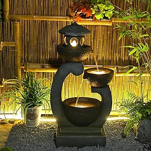 Outdoor Garden Water Fountain - Modern Tranquil Zen Pagoda Waterfalls Fountains Bowl with LED Lights & Pump for Patio Yard Porch Pool Decor, Gray, 35.5 inches