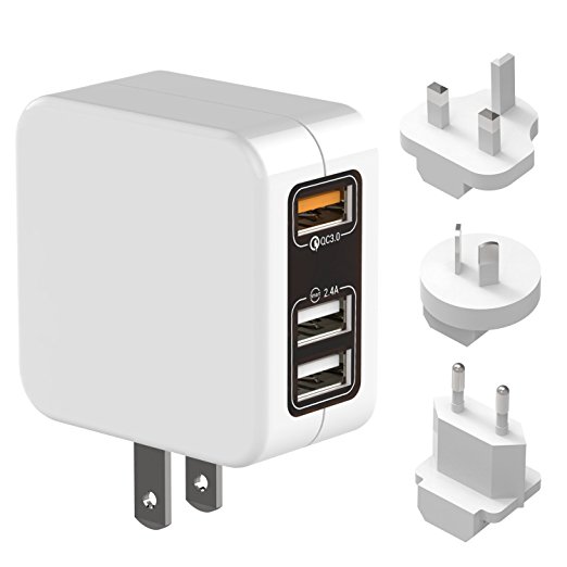 3 USB Plug Charger, Universal Travel Adapter 30W QC 3.0 Wall Charger with UK/USA/EU/AU International Multi Plugs for iPhone X/7/6s/6/Plus, Samsung S8/S7 and More Phones, Tablet, Power Bank