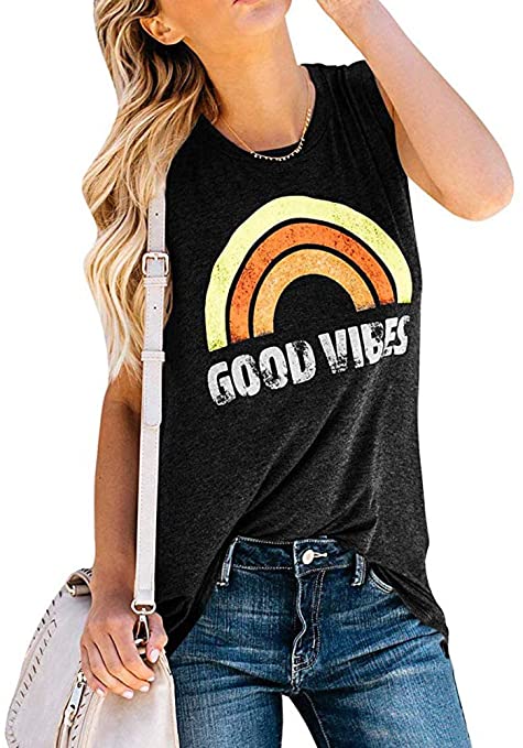 Ferbia Womens Good Vibes Tank Tops Loose Fit Long Rainbow Print Cotton Sleeveless T Shirts