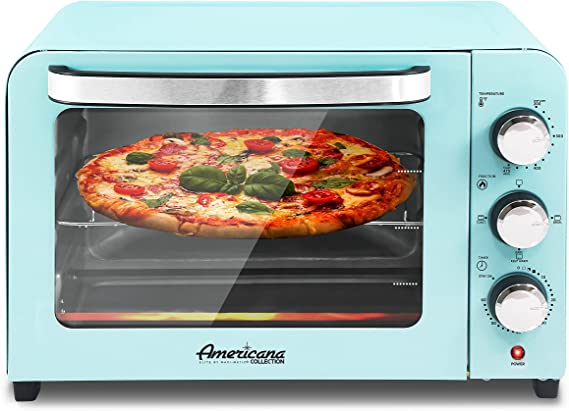 Elite Gourmet Americana Fits 12” Pizza, Vintage Diner 50’s Retro Countertop Toaster oven Bake, Broil, Toast, Temperature Control & Adjustable 60-Minute Timer, Glass Door Printed Wrong,