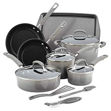 Rachael Ray Classic Brights Hard Enamel Aluminum Nonstick Cookware Set, 14-Piece, Sea Salt Gray Gradient