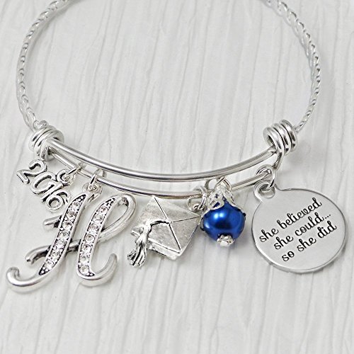 Graduation Gifts for Her, Graduation Bangle Bracelet, Expandable, Initial Letter Bracelet, She Believed she could so she did, Graduate 2016 or 2017