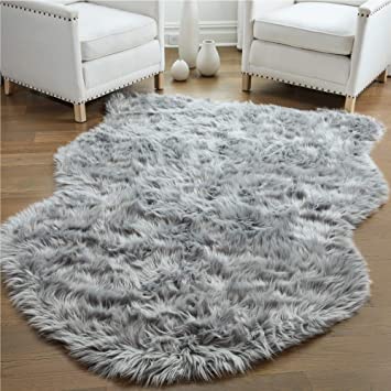 Gorilla Grip Original Premium Faux Sheepskin Fur Area Rug, 4x6, Softest, Luxurious Shag Carpet Rugs for Bedroom, Living Room, Luxury Bed Side Plush Carpets, Sheepskin, Gray