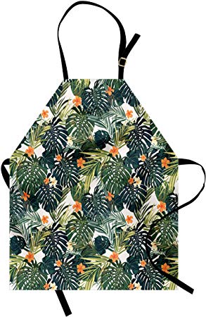 Ambesonne Floral Apron, Botanic Tropic Leaves and Flowers Hawaiian Theme Summer Plants Illustration, Unisex Kitchen Bib with Adjustable Neck for Cooking Gardening, Adult Size, White Green