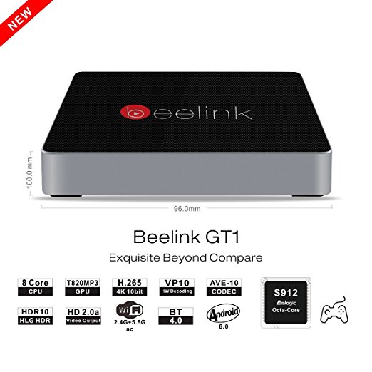 Beelink GT1 Smart TV Box Exquisite Beyond Compare Amlogic S912 Octa Core ARM Cortex-A53 CPU up to 2GHz(DVFS) Android 6.0 ARM Mali-T820MP3 GPU up to 750MHz(DVFS) RAM DDR3 2GB ROM Onboard eMMC Flash 16GB 1000Mbps LAN BT 4.0 Streaming Media Players