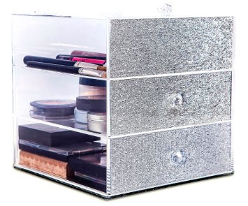 JiBen High Quality Clear Acrylic Makeup and Jewelry Organizer, Cosmetic Display or Storage Box, With 3 Tiers (2 Large Drawers and 1 Flip-Up Lid Top) (silver)