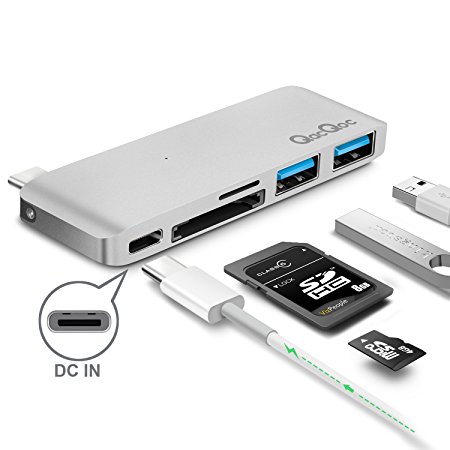 TICTID Premium Type-C Hub with Power Delivery 2 superspeed USB 3.0 ports, 1 SD memory port, 1 microSD memory port card reader for MacBook 12-Inch, Aluminum Alloy Build (Silver)