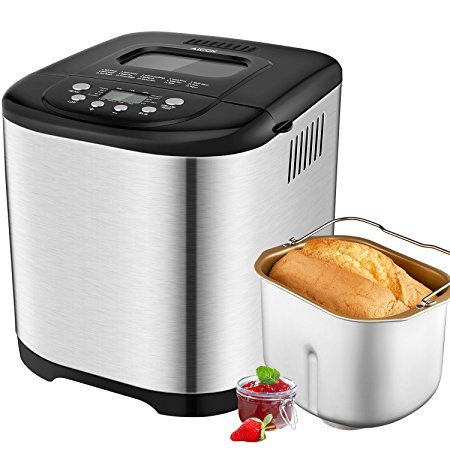 Bread Machine Aicok , 2.2LB Programmable Bread Maker Stainless Steel Housing with 15-Hour Delay Timer,15 Program - Gluten Free Whole Wheat Breadmaker