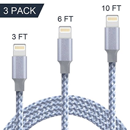 Lightning Cable,BBInfinite Charger Cables 3Pack 3FT 6FT 10FT to USB Syncing and Charging Cable Data Nylon Braided Cord Charger for iPhone X/8/8Plus/7/7 Plus/6/6 Plus/6s/6s Plus/5/5s/5c/SE -Gray&White