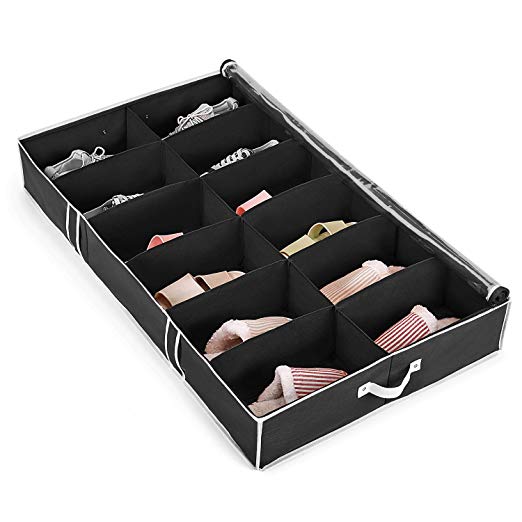 Magicfly Under Bed Shoes Storage Bag Built-in Structure, Sneaker Closet Underbed Organizer with Zipper Closure for Kids and Adults, 12 Pairs, Black