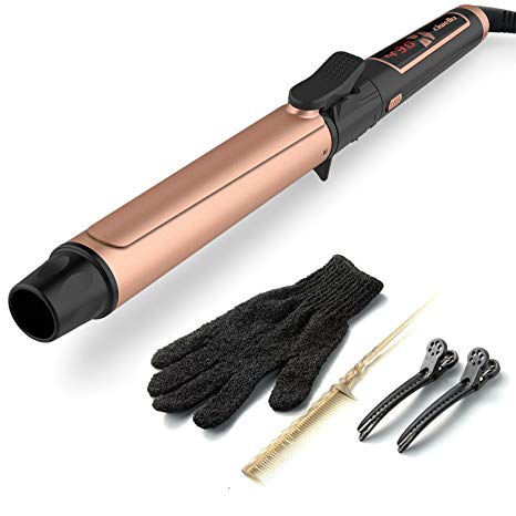 Curling Iron 1.25 Inch Tourmaline Ceramic Coating Hair Curling Tongs Anti-Scald Insulated Digital Controls Roller Ciwellu 360 Auto Rotating Styling Wand for Woman Gold