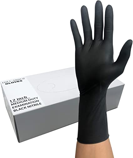 Infi-Touch 8 Mil Black Nitrile Gloves, 12" Length, Powder Free, Disposable Gloves, Non Sterile, Finger Tip Textured 50 Count (Box) (X-Large)