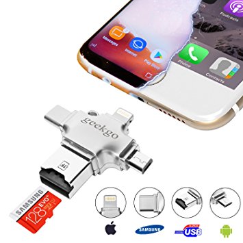 Micro SD Card Reader,USB C/Memory/Type C/TF Portable Card Adapter With Lightning/Micro USB/OTG Connector,External Storage Compatible for iPhone/Samsung/LG/iPad/Apple Mac Book/PC/Camera,Geekgo 4 in 1