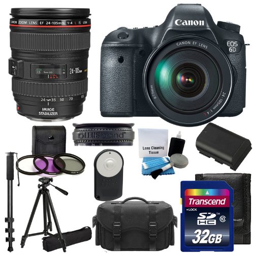 Canon EOS 6D 20.2 MP CMOS Digital SLR Camera with 3.0-Inch LCD and :	Canon Zoom Wide Angle-Telephoto EF24-105mm IS f/4 L USM Lens Kit UV Filter Kit With Extra Battery  Tripod   Monopod with 32GB Complete Deluxe Accessory Bundle And Much More!