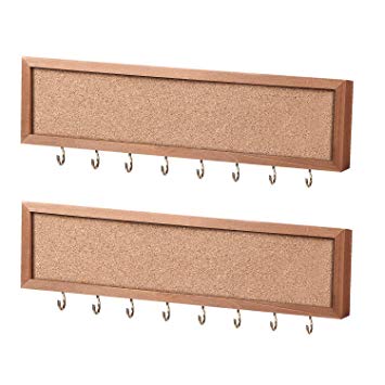 Y&ME Jewelry Organizer Wall Mounted Set of 2, Wood Hanging Jewelry Organizer Holder with Cork Board Strip and 16 Hooks, for Necklaces, Rings, Earrings, Bracelets and Watches 11.8 x 3 x 1 inch