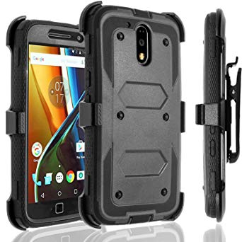 Moto G4 Case, Moto G4 Plus Case, [SUPER GUARD] Dual Layer Hybrid Protective Cover With [Built-in Screen Protector] Holster Locking Belt Clip  Circlemalls Stylus Touch Screen Pen [Black]