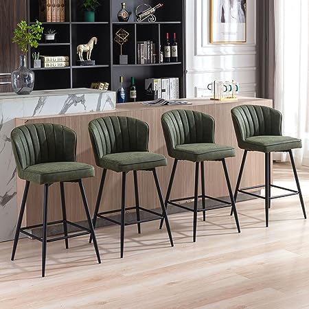 CIMOO Leather Counter Stools Set of 4 Mid Century Modern Bar Stools Upholstered Counter Height Stool Chairs Green 26 Inch Kitchen Island Chairs with Back