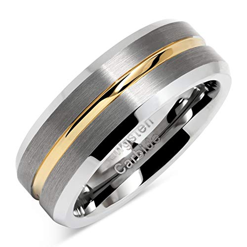 100S JEWELRY Tungsten Rings for Men Two Tone Silver Wedding Bands Gold Grooved Matte Finish Size 8-16