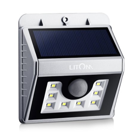 Litom Bright 8 LED Solar Powered Wireless Motion Sensor Light with 3 Intelligent Modes, Weatherproof, Wireless Exterior Lighting(Silver)