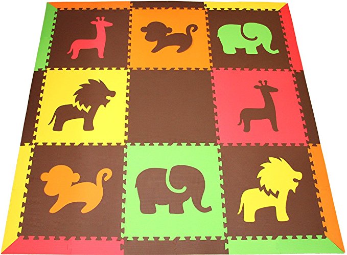 SoftTiles Children's Foam Playmat- Safari Animals Theme- Premium Interlocking Foam Mats for Children's Playrooms/Nursery- Red, Yellow, Orange, Lime & Brown (6.5' x 6.5') RYOLB