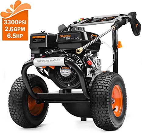 TACKLIFE Gas Pressure Washer, 3300 PSI 2.6 GPM with 6.5 HP, High-Pressure Washer Cleaner Powered by 212cc Engine, Energy-Efficient, 5 Nozzles and 3.8L Detergent Tank