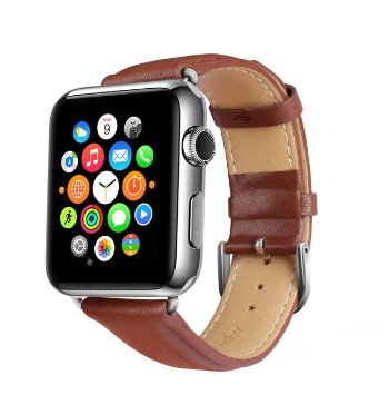 Apple Watch Band, Amotus Genuine Leather Wrist Watch Band Strap Bracelet Replacement with Stainless Metal Clasp Adapter for Apple iWatch Sport & Edition 42mm Brown