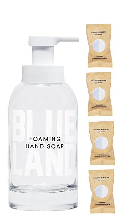 BLUELAND Hand Soap Starter Set - 1 Refillable Glass Foaming Hand Soap Dispenser   4 Tablets Refills - Eco Friendly Products & Cleaning Supplies - Iris Agave Scent - 4 Tablets make 36 fl oz total (4x 9 fl oz bottles of foaming hand soap)