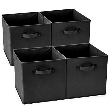 EZOWare Set of 4 Foldable Fabric Basket Bins, Collapsible Storage Cube for Nursery Home and Office - Black (13 x 15 x 13 inches)