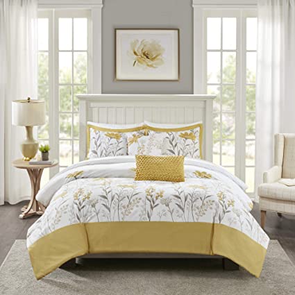 Harbor House Cozy 100% Cotton Comforter Set-Classic Modern Design All Season Down Alternative Casual Bedding, Matching Shams, King/Cal King(110"x96"), Meadow, Yellow 5 Piece