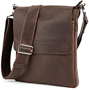 Shvigel Leather Messenger Bag - Men's Shoulder Bag - Small Satchel - Vertical Tablet Crossbody Handbag (Brown Vintage)