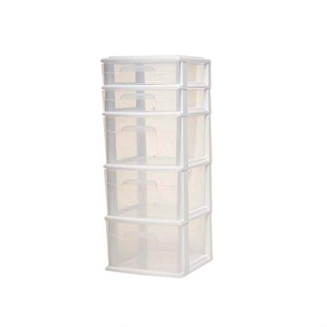 HOMZ Plastic 5 Drawer Medium Storage Tower, White Frame, Clear Drawers, Set of 2