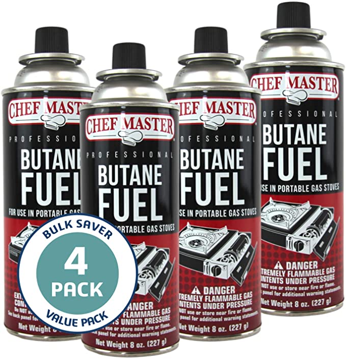 Chef Master 90340 | Pack of 4 Butane Fuel Cylinders| 8oz Butane Canisters for Portable Stove | Butane Torch Replacement Canisters