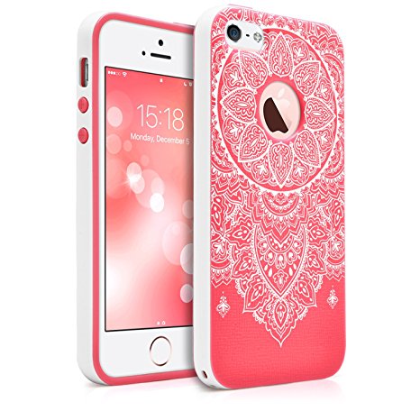 iPhone 5S / 5 / SE Case, MagicMobile Slim Hybrid Case [Cute 3D Printed White Henna Indian Mandala Lace Pattern] Embossed Ornament Rugged TPU with Bumper Frame Dual Layers - [Rose Red]