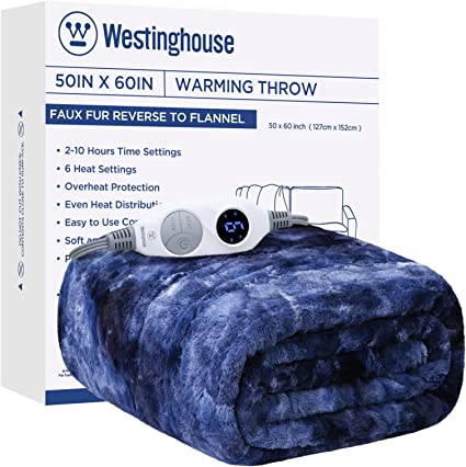 Westinghouse Heated Blanket Electric Throw Blanket, Faux Fur Heating Blanket, 6 Heating Levels & 2 to 10 Hours Time Setting, Soft Machine Washable, 50"x60", Navy Blue