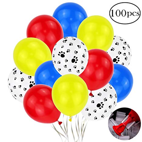Holicolor 12inches 100pcs Colorful Latex Paw Print Balloons with Balloon Clips for Paw Party (Red, Yellow, Blue, Dog Paw)