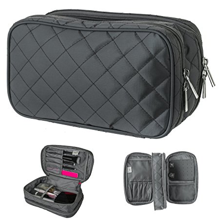 Makeup & Jewelry Travel Bag, Ellis James Designs, Double Layer Cosmetic Bag (Grey), Double Sided Toiletry Case, (9.25 x 6 x 3.5 Inches) Make Up Brush Holder, Jewlery Pouch, Traveling Toiletries Case