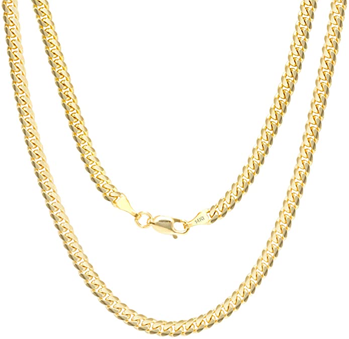 Nuragold 14k Yellow Gold 4mm Solid Miami Cuban Link Chain Pendant Necklace, Mens Jewelry Lobster Clasp 18" 20" 22" 24" 26" 28" 30"