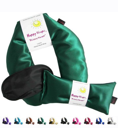 Happy Wraps® Herbal Neck Wrap w/Free Lavender Eye Pillow & Free Sleep Mask - Microwave or Freeze - Emerald Satin