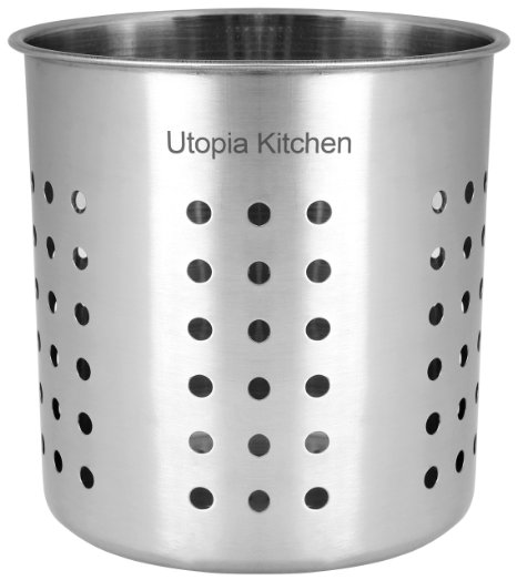 Kitchen Utensil Holder - Utensil Container - Utensil Cock - Flatware Caddy - Brushed Stainless Steel Cookware Cutlery Utensil Holder with Drain Holes - By Utopia Kitchen