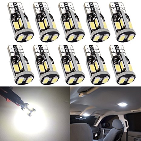 Trisense 194 168 2825 T10 W5W Error Free LED Bulb White, Super Bright 300 Lumens 10-SMD 5730 Chipset LED Bulbs for Interior Dome Map Door Courtesy License Plate Lights, Pack of 10
