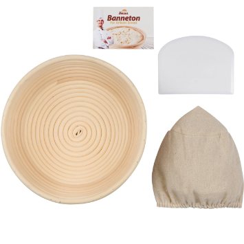 (8.5 Inch) Professional Banneton Proofing Baskets (22 cm)   FREE Bowls Scraper & Cloth Liner - for Perfect Size Bread Shape & Flour Ring Pattern - Round Rising Rattan Wicker Handmade Dough Box Brotform
